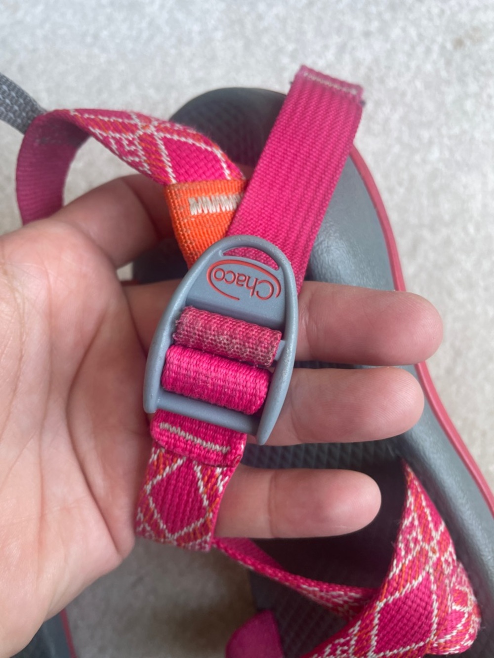 Chaco Kids’ Pink Patterned Webbing Sandals with Gray Footbeds - Picture 6 of 11